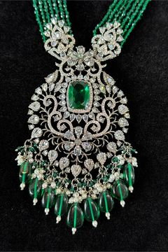 White Gold plated and Emerald Green Lab Diamond Necklace Set_JV 105