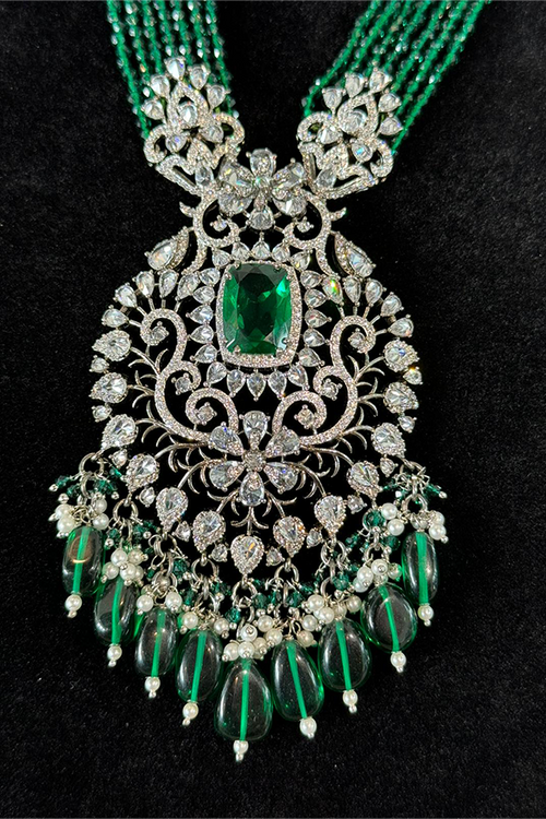 White Gold plated and Emerald Green Lab Diamond Necklace Set_JV 105