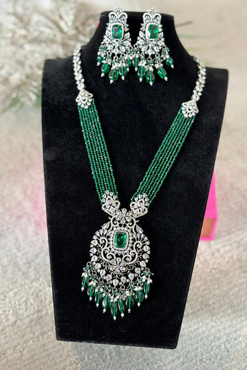 White Gold plated and Emerald Green Lab Diamond Necklace Set_JV 105