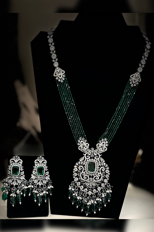 White Gold plated and Emerald Green Lab Diamond Necklace Set_JV 105